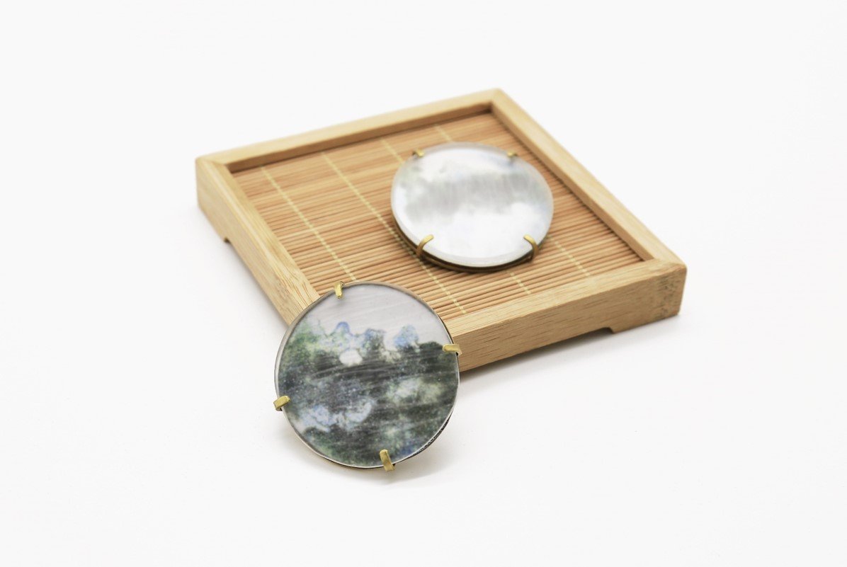 Rain Brooches Brass, Acrylic, Enamel 4.6cmx0.7cm 2018